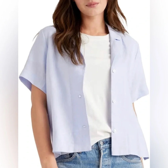 Womens Casual Button Down Shirt Linen Collared Short Sleeve Blouse V Neck Tops - Picture 4 of 8